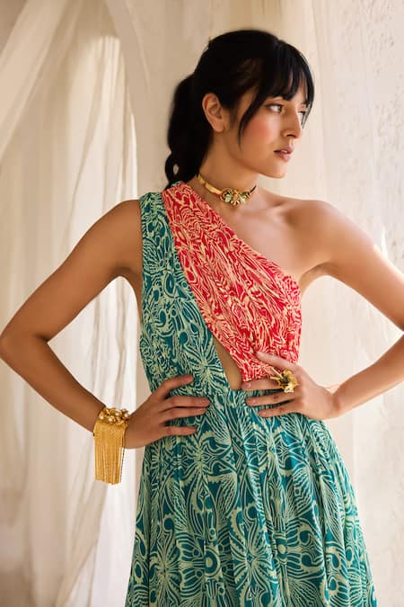 Diyarajvvir Teal Georgette Asymmetric Printed Maxi Dress Online at Aza Fashions Diyarajvvir_Teal Georgette Asymmetric Printed Maxi Dress _Online_at_Aza_Fashions