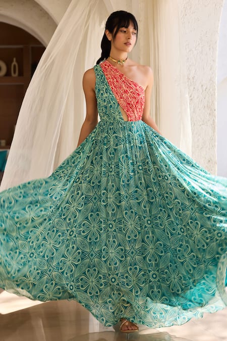 Buy Diyarajvvir Teal Georgette Asymmetric Printed Maxi Dress Online at Aza Fashions Buy_Diyarajvvir_Teal Georgette Asymmetric Printed Maxi Dress _Online_at_Aza_Fashions