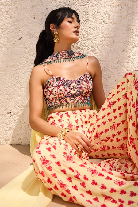 Diyarajvvir_Yellow Crepe Embroidery Asymmetric Printed Crop Top Pant Set _Online_at_Aza_Fashions