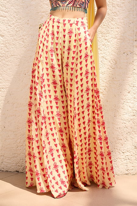 Buy_Diyarajvvir_Yellow Crepe Embroidery Asymmetric Printed Crop Top Pant Set _Online_at_Aza_Fashions