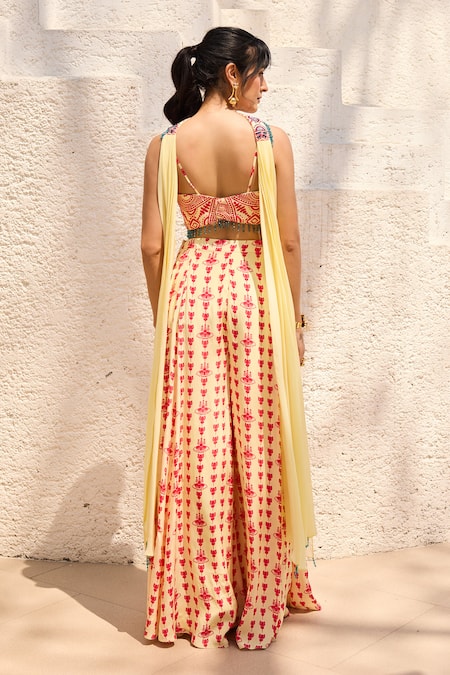 Diyarajvvir Asymmetric Printed Crop Top Pant Set 