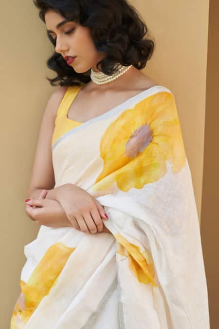 Five Point Five_Yellow Linen Floral Print Saree With Running Blouse_Online_at_Aza_Fashions