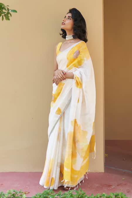 Buy_Five Point Five_Yellow Linen Floral Print Saree With Running Blouse_Online_at_Aza_Fashions