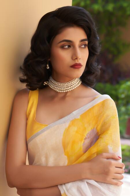 Shop_Five Point Five_Yellow Linen Floral Print Saree With Running Blouse_Online_at_Aza_Fashions