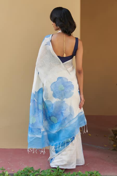 Five Point Five Blue Floral Print Linen Saree with Running Blouse 