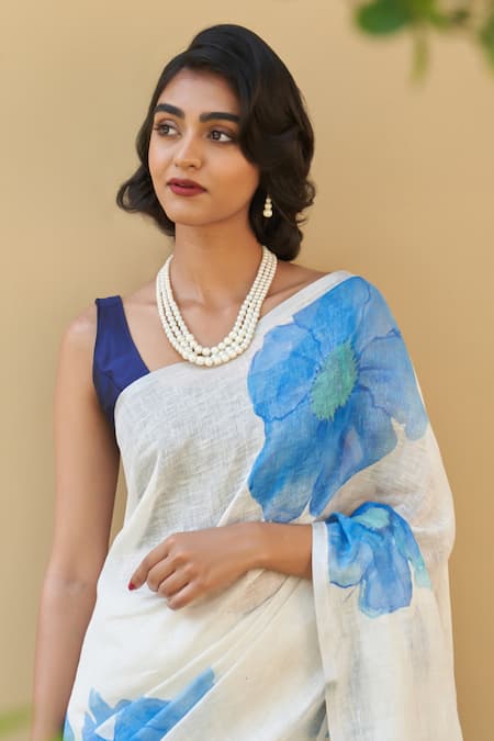 Buy Five Point Five White Linen Blue Floral Print Saree With Running Blouse Online at Aza Fashions Buy_Five Point Five_White Linen Blue Floral Print Saree With Running Blouse _Online_at_Aza_Fashions