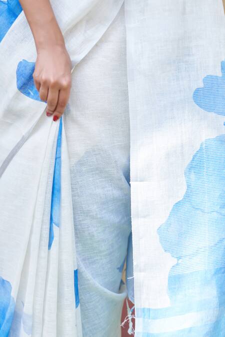 Shop Five Point Five White Linen Blue Floral Print Saree With Running Blouse Online at Aza Fashions Shop_Five Point Five_White Linen Blue Floral Print Saree With Running Blouse _Online_at_Aza_Fashions