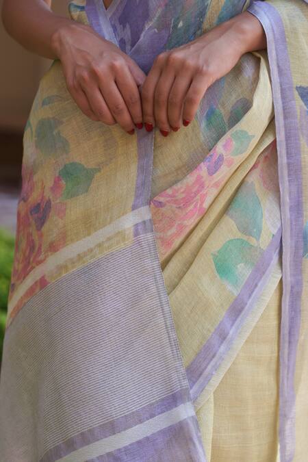 Shop Five Point Five Yellow Tissue, Linen Floral Weaved Saree Online at Aza Fashions Shop_Five Point Five_Yellow Tissue, Linen Floral Weaved Saree _Online_at_Aza_Fashions