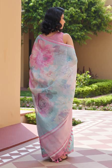 Five Point Five Floral Tissue Linen Saree Set 