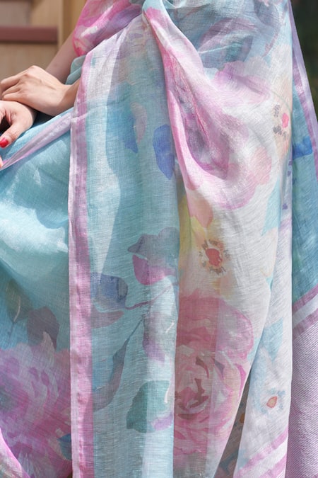 Buy_Five Point Five_Blue Tissue, Linen Floral Saree Set _Online_at_Aza_Fashions