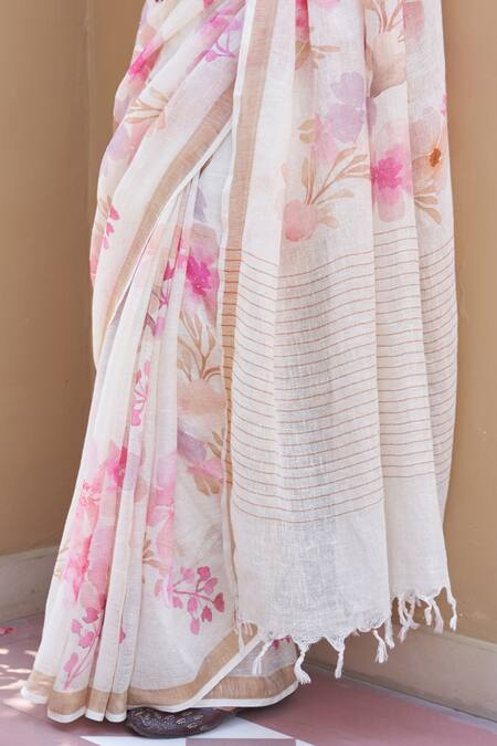 Shop Five Point Five Off White Linen Floral Weaved Saree Set Online at Aza Fashions Shop_Five Point Five_Off White Linen Floral Weaved Saree Set _Online_at_Aza_Fashions