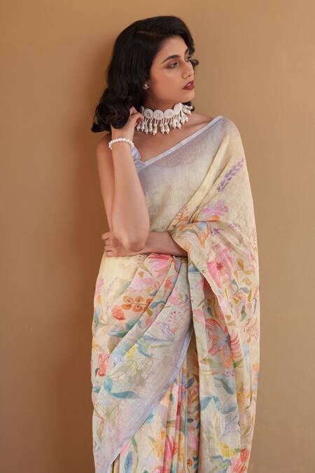 Five Point Five_Yellow Linen Floral Weaved Saree Set _Online_at_Aza_Fashions