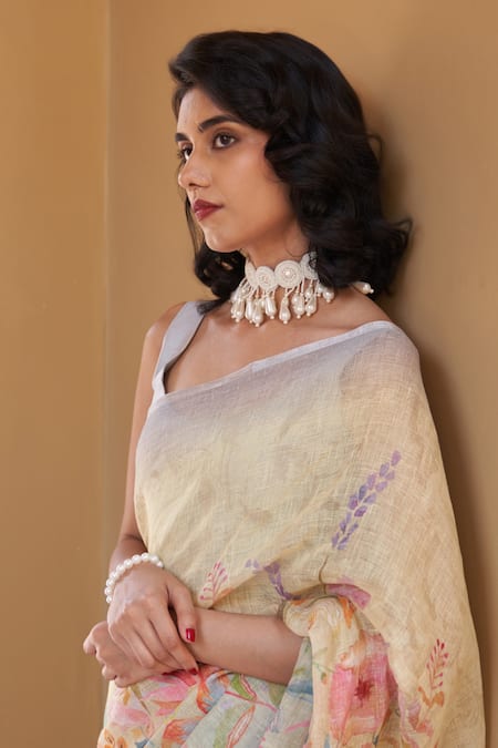 Buy_Five Point Five_Yellow Linen Floral Weaved Saree Set _Online_at_Aza_Fashions