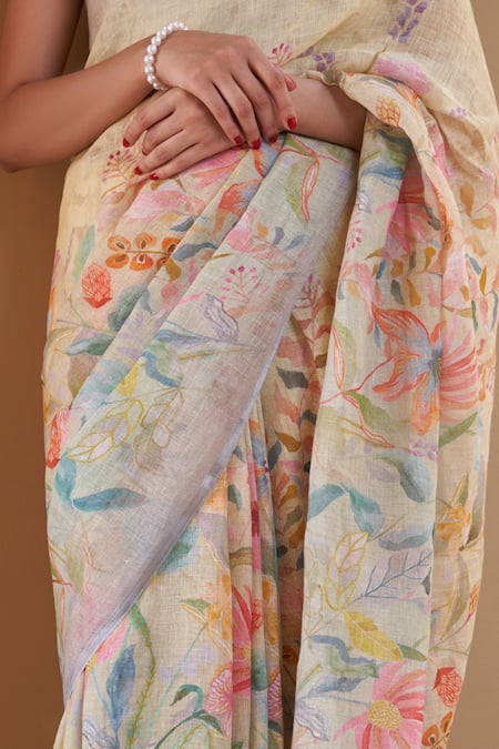 Shop_Five Point Five_Yellow Linen Floral Weaved Saree Set _Online_at_Aza_Fashions