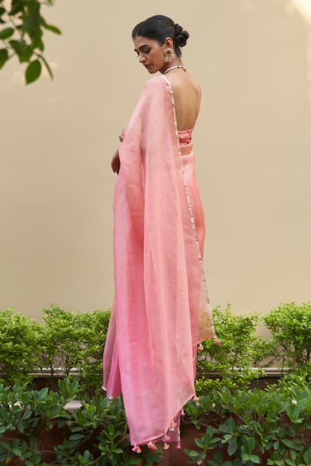 Five Point Five Handwoven Pink Kora Saree with Running Blouse 