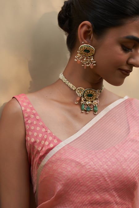 Buy_Five Point Five_Pink Handwoven Kora Saree With Running Blouse _Online_at_Aza_Fashions