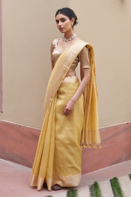 Five Point Five Chanderi Weaved Yellow Saree Set 
