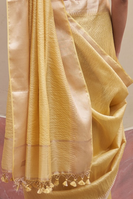 Five Point Five_Yellow Chanderi Weaved Saree Set _Online_at_Aza_Fashions