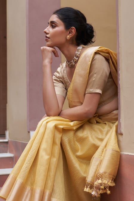 Shop_Five Point Five_Yellow Chanderi Weaved Saree Set _Online_at_Aza_Fashions
