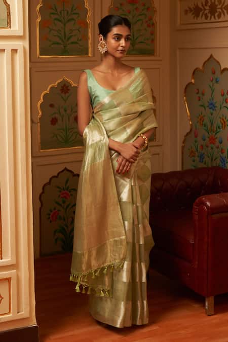 Five Point Five_Green Tissue Weaving Saree With Running Blouse _Online_at_Aza_Fashions