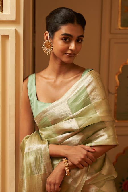 Shop_Five Point Five_Green Tissue Weaving Saree With Running Blouse _Online_at_Aza_Fashions