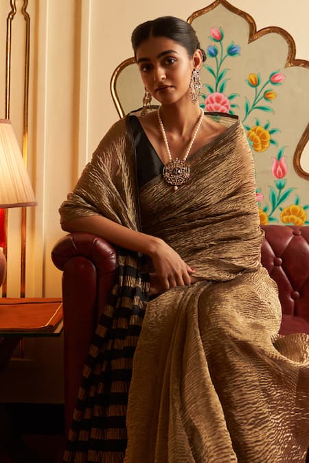 Shop_Five Point Five_Gold Tissue Weaving Crush Saree Set _Online_at_Aza_Fashions