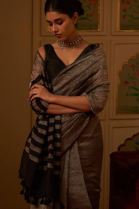 Five Point Five_Silver Tissue Tassels Weaving Crush Saree _Online_at_Aza_Fashions