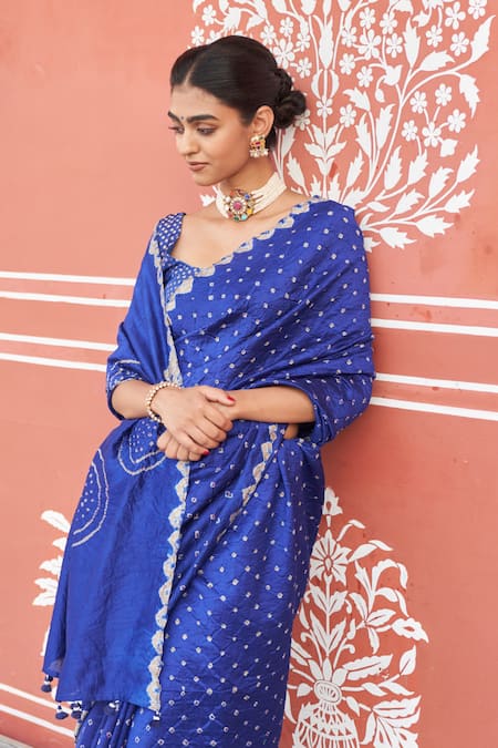 Five Point Five Blue Hand-Dyed Silk Saree with Running Blouse 