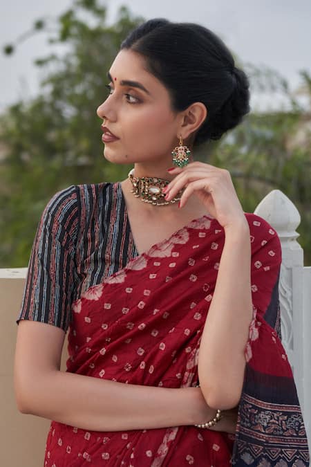 Five Point Five_Maroon Silk Hand Block Printed Saree _Online_at_Aza_Fashions