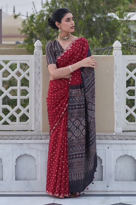 Five Point Five Maroon Hand Block Printed Silk Saree 