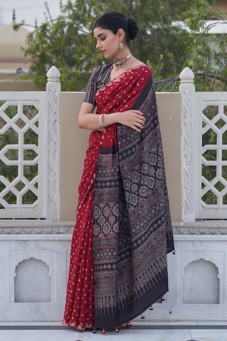 Shop_Five Point Five_Maroon Silk Hand Block Printed Saree _Online_at_Aza_Fashions
