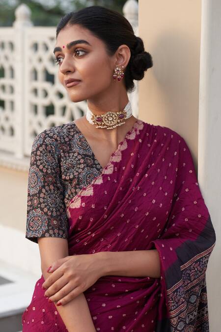 Five Point Five_Wine Silk Embroidery Saree With Hand-block Weaving _Online_at_Aza_Fashions