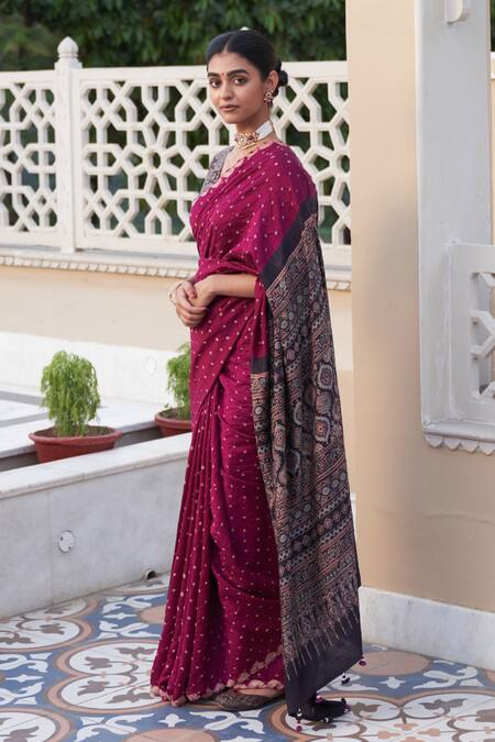 Buy_Five Point Five_Wine Silk Embroidery Saree With Hand-block Weaving _Online_at_Aza_Fashions