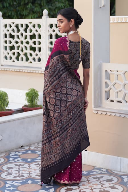 Five Point Five Wine Silk Saree with Hand-Block Weaving 
