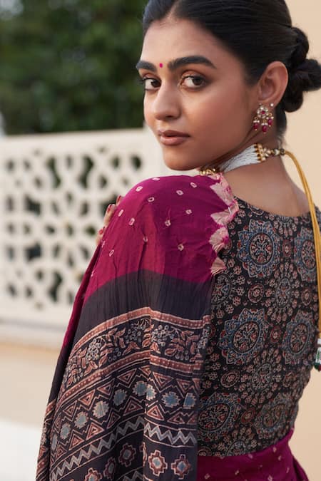 Shop_Five Point Five_Wine Silk Embroidery Saree With Hand-block Weaving _Online_at_Aza_Fashions