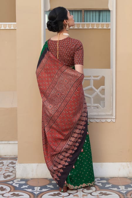 Five Point Five Green Hand-Block Printed Silk Saree 