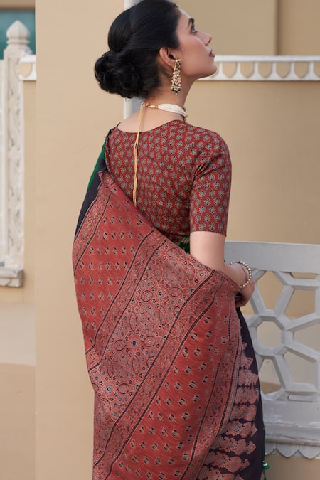 Five Point Five_Green Silk Embroidery Hand-block Printed Saree _Online_at_Aza_Fashions
