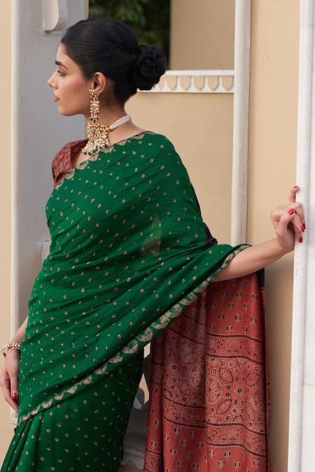 Buy_Five Point Five_Green Silk Embroidery Hand-block Printed Saree _Online_at_Aza_Fashions