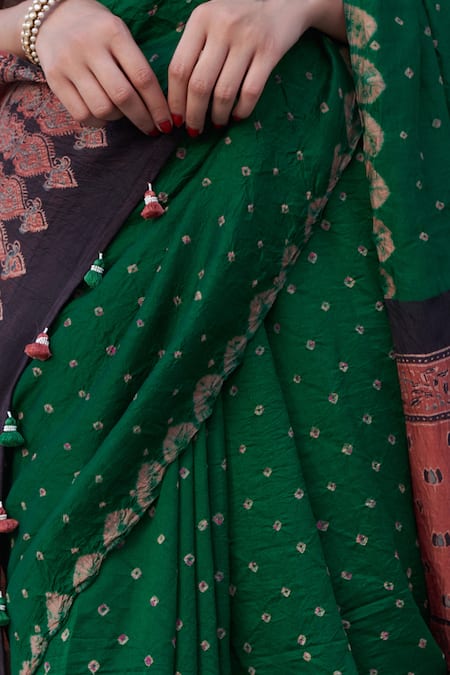 Shop_Five Point Five_Green Silk Embroidery Hand-block Printed Saree _Online_at_Aza_Fashions