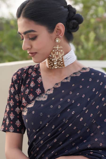 Five Point Five_Black Silk Embroidery Hand-block Printed Saree _Online_at_Aza_Fashions