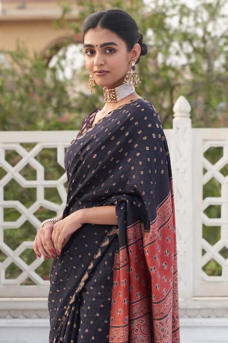 Buy_Five Point Five_Black Silk Embroidery Hand-block Printed Saree _Online_at_Aza_Fashions