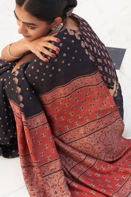 Shop_Five Point Five_Black Silk Embroidery Hand-block Printed Saree _Online_at_Aza_Fashions