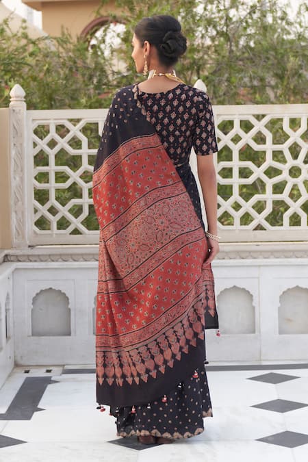 Five Point Five Black Hand-Block Printed Silk Saree 