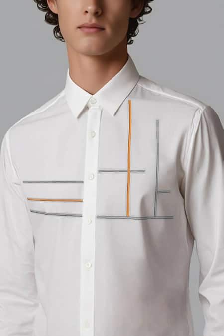 Hespoke_White Cotton Embroidery Geometric Casual Shirt _Online_at_Aza_Fashions