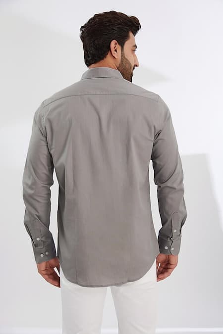 Hespoke Grey Geometric Embroidered Casual Shirt 
