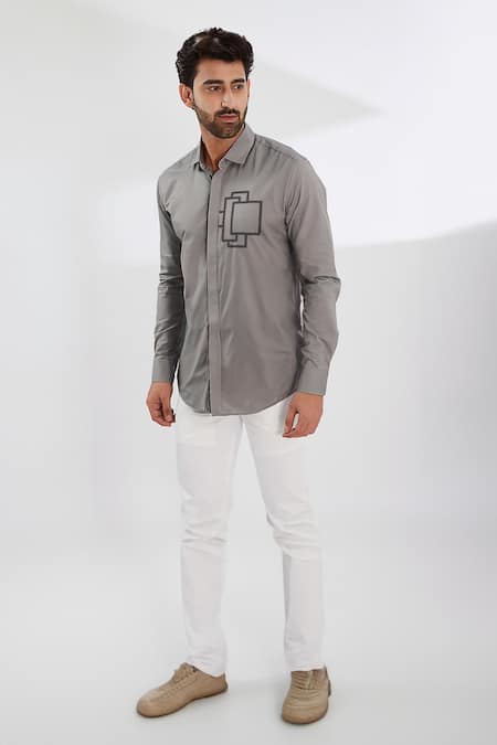 Buy_Hespoke_Gray Cotton, Lycra Embroidery Grey Geometric Casual Shirt _Online_at_Aza_Fashions