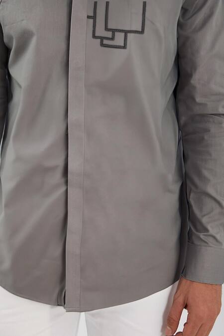 Shop_Hespoke_Gray Cotton, Lycra Embroidery Grey Geometric Casual Shirt _Online_at_Aza_Fashions