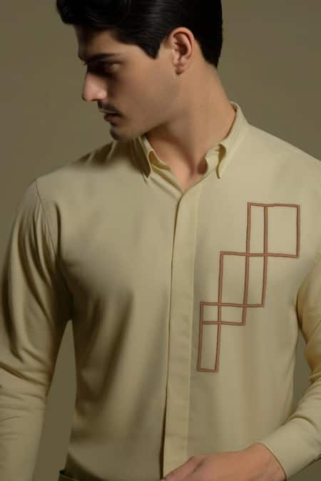 Hespoke_Cream Cotton, Lycra Embroidery Geometric Casual Shirt _Online_at_Aza_Fashions