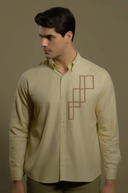 Shop_Hespoke_Cream Cotton, Lycra Embroidery Geometric Casual Shirt _Online_at_Aza_Fashions
