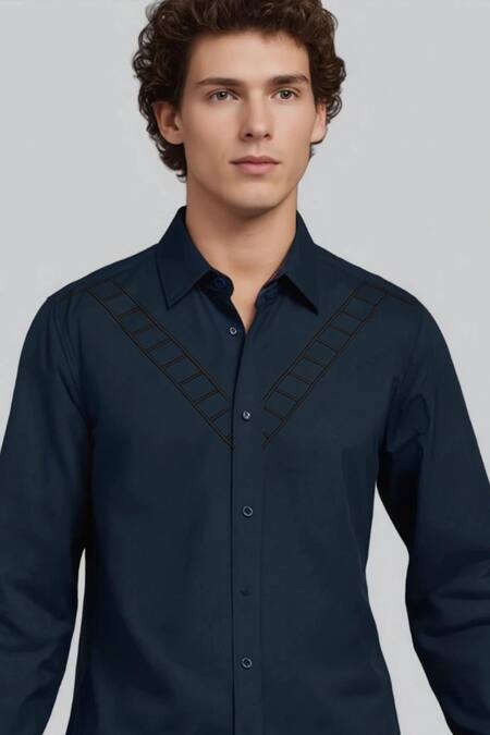Hespoke_Navy Cotton Embroidery Geometric Casual Shirt _Online_at_Aza_Fashions
